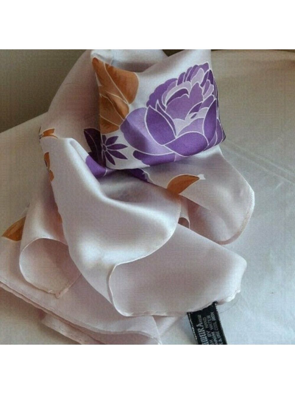 VTG HAMMURA acetate satin scarf water repellent rolled edge purple floral 26x25